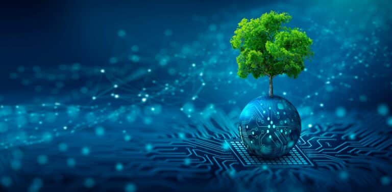 Green computing visualized by a green tree on a circuit